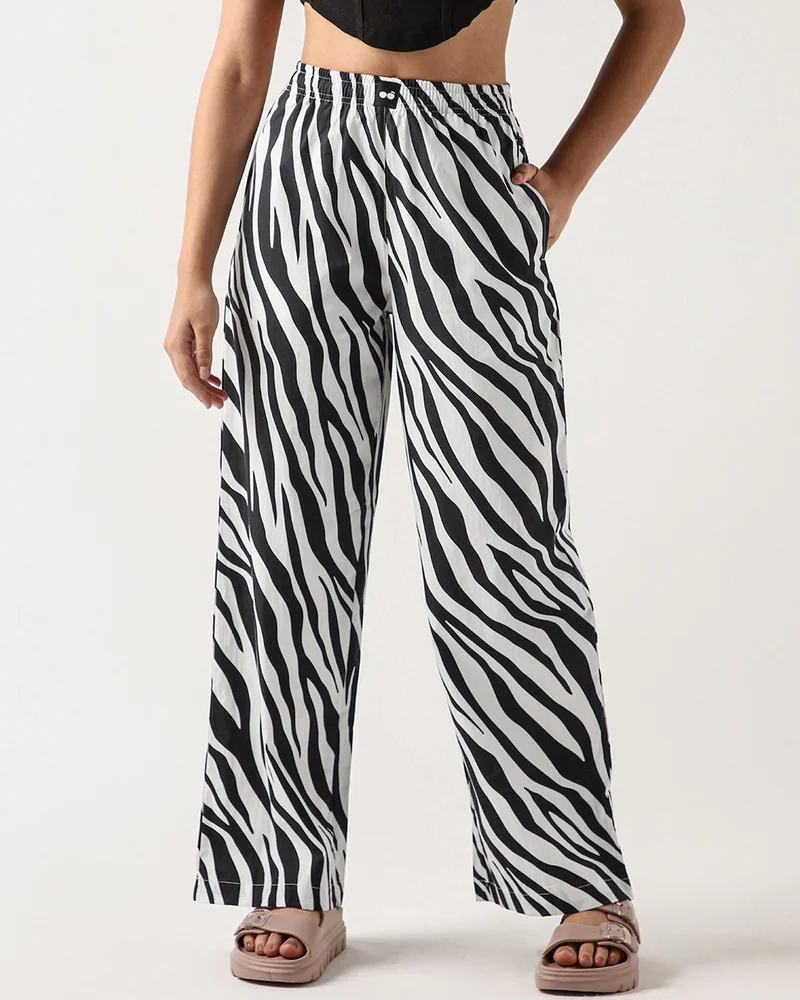 bewakoof Women's White & Black All Over Printed Wide Leg Pyjamas